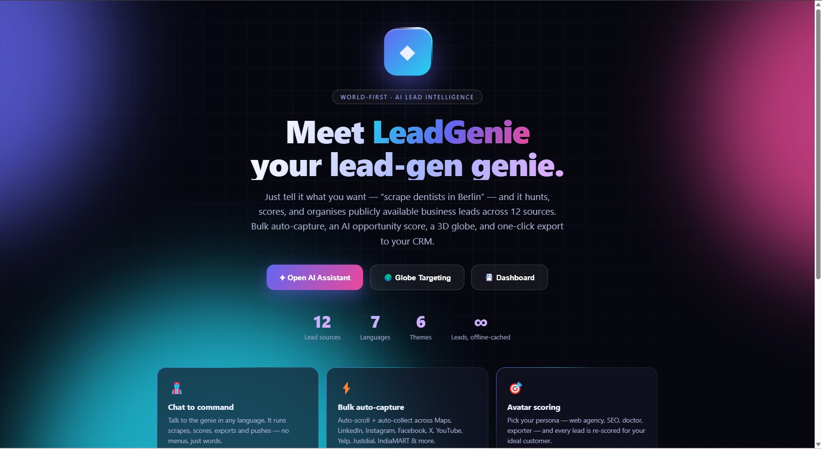 LeadsGPT — Welcome Screen: 12 lead sources, 7 languages, 6 themes, unlimited offline-cached leads — ready in one click.