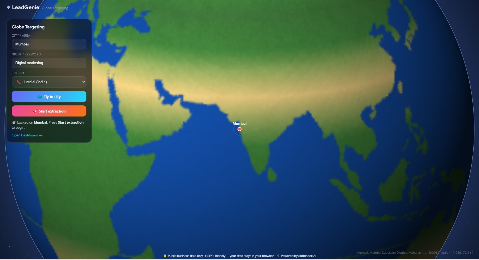 LeadsGPT globe targeting view selecting a city and niche before extraction
