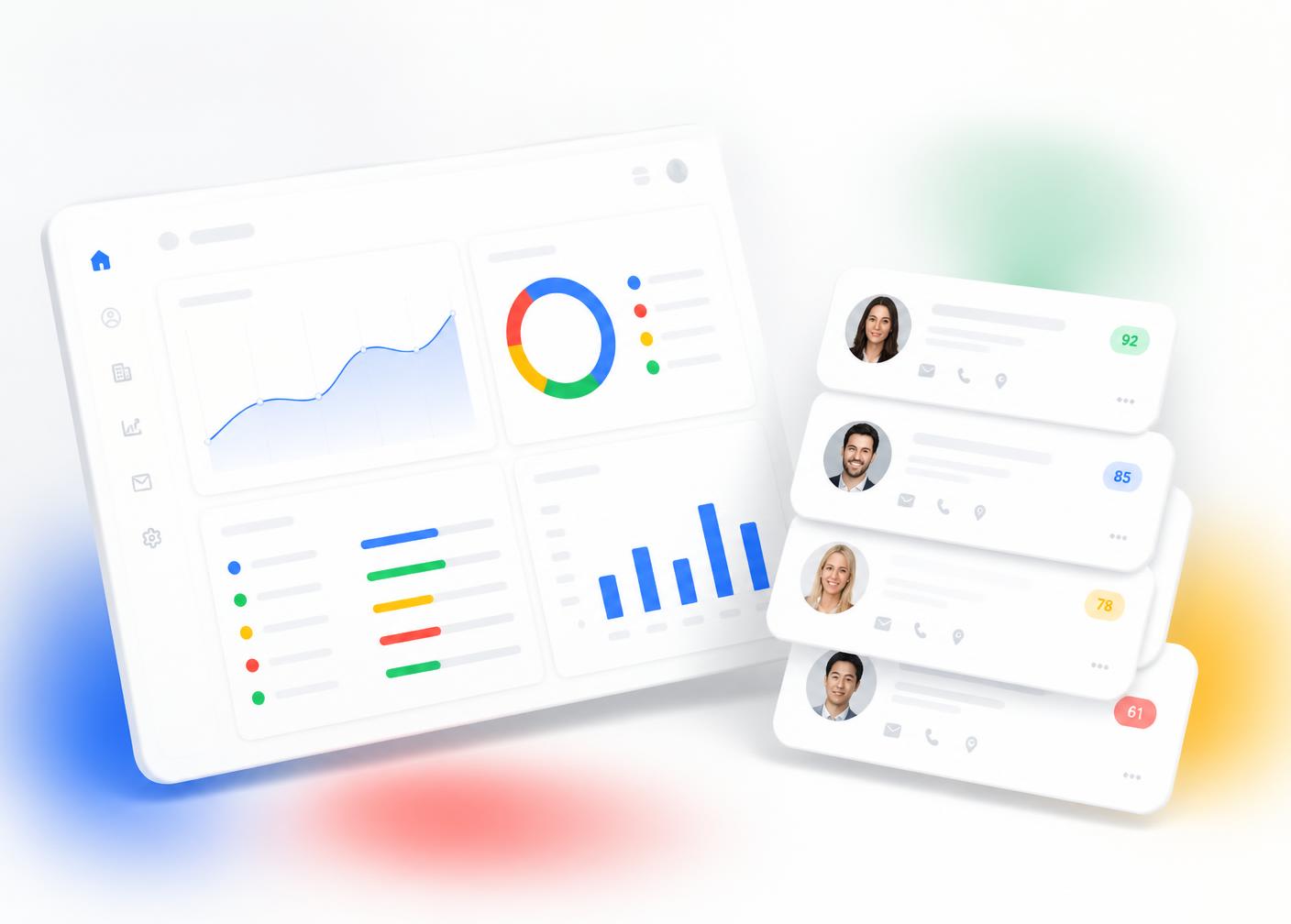 Scored business lead cards exported from LeadsGPT next to a pipeline dashboard